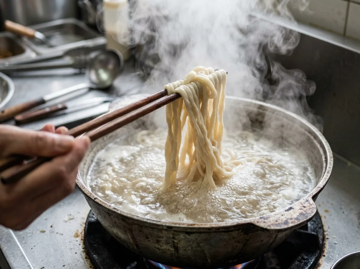 手順3: 大きな鍋にたっぷりの湯を沸かし、伸ばした麺を2〜3分茹でる。冷水にさらしてぬめりを取る