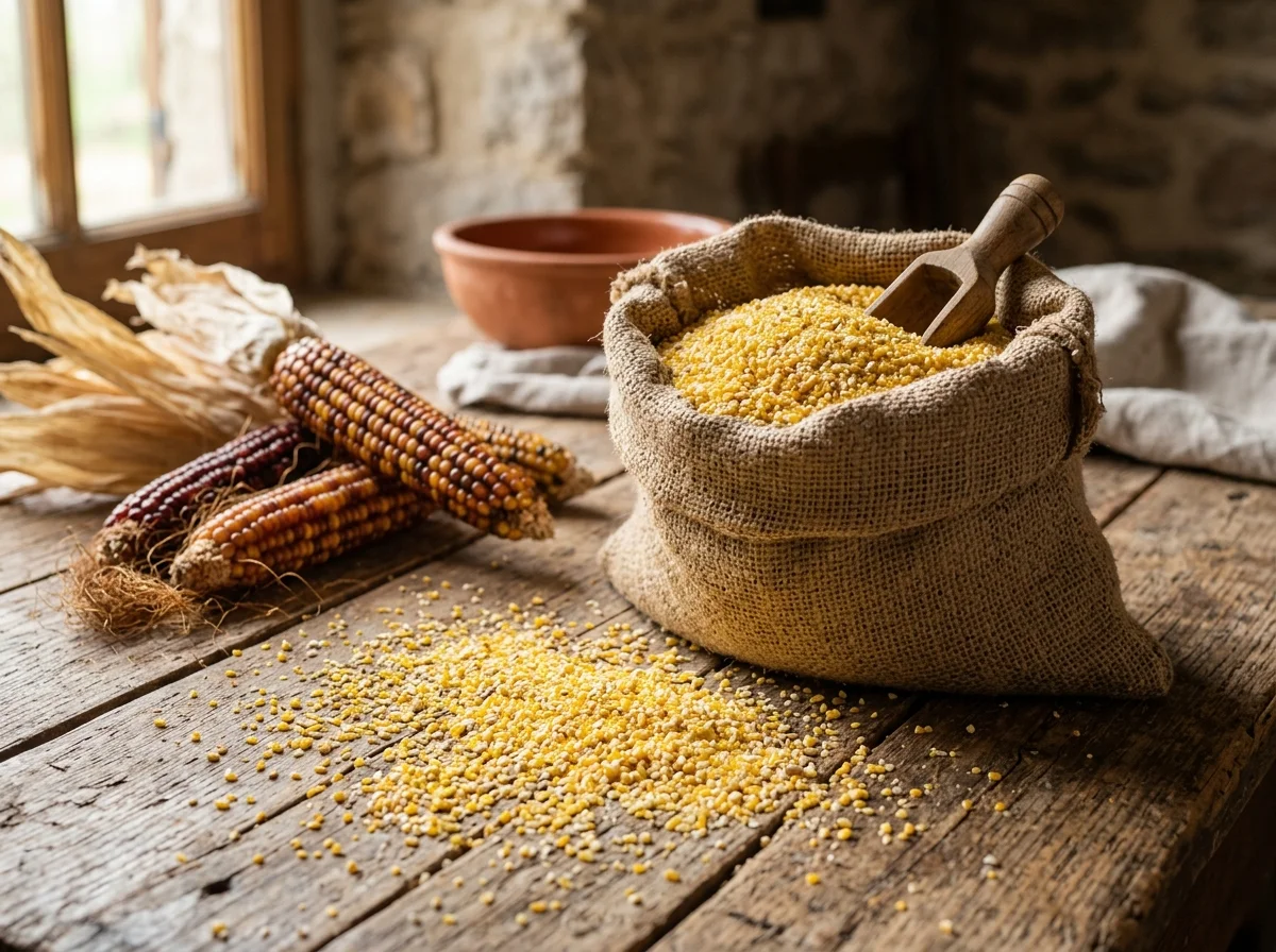 とうもろこし粉（コーンミール）が麻袋に入っている。黄色い粉が木の上に散らばっている