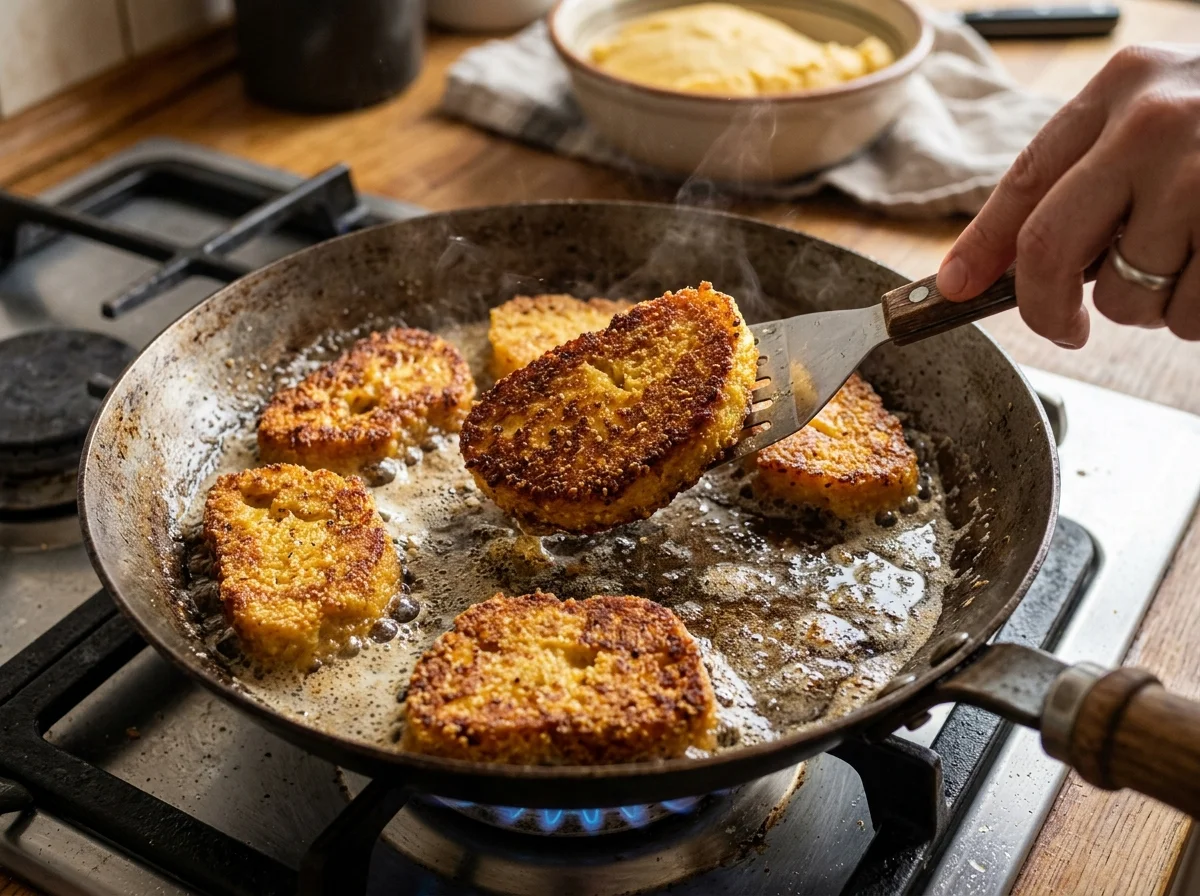 フライパンで焼いたママリガ。外はカリッと中はもっちりの黄金色スライス