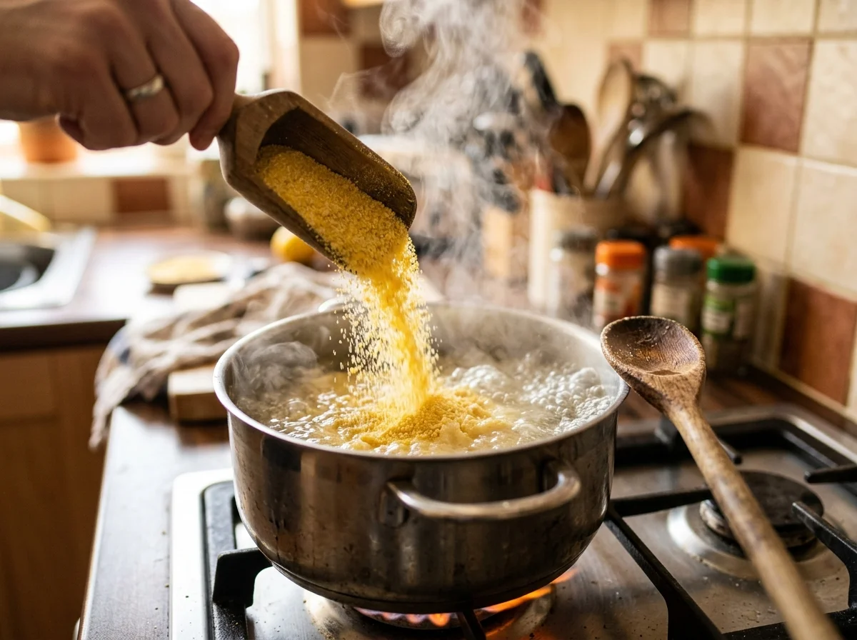 手順2: コーンミールを少しずつ加える（5分）