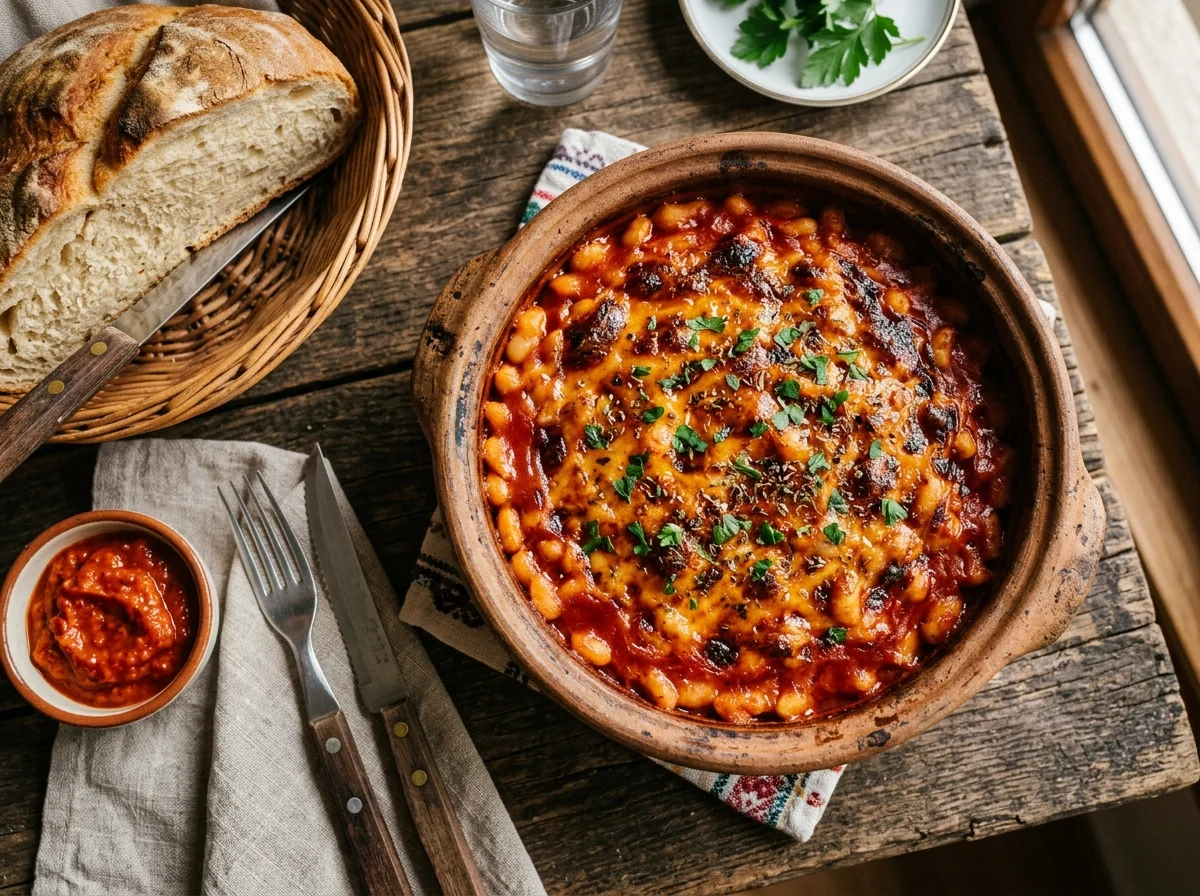 陶器の鍋に入ったタヴチェグラフチェ。パプリカの赤いソースに白い豆が映える