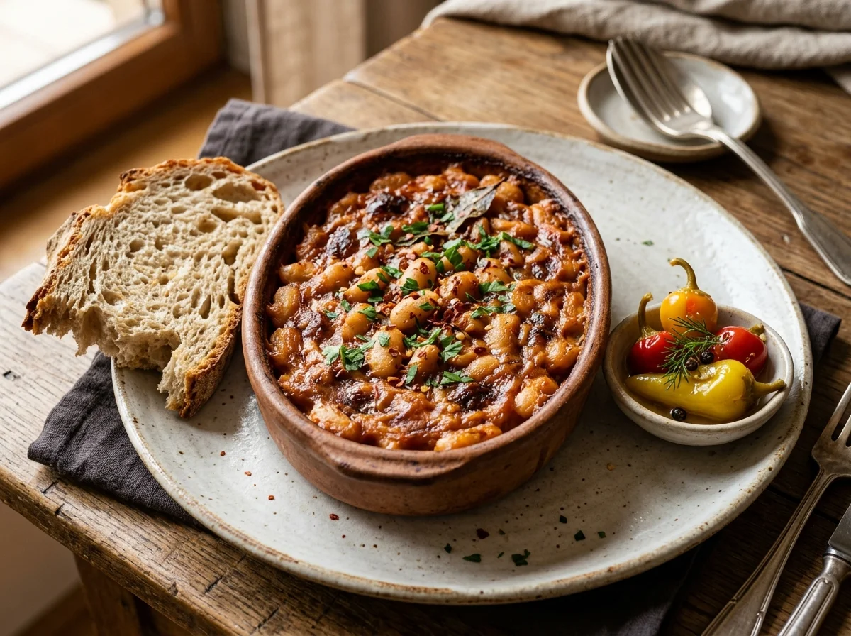 パンと唐辛子の漬物が添えられたタヴチェグラフチェ