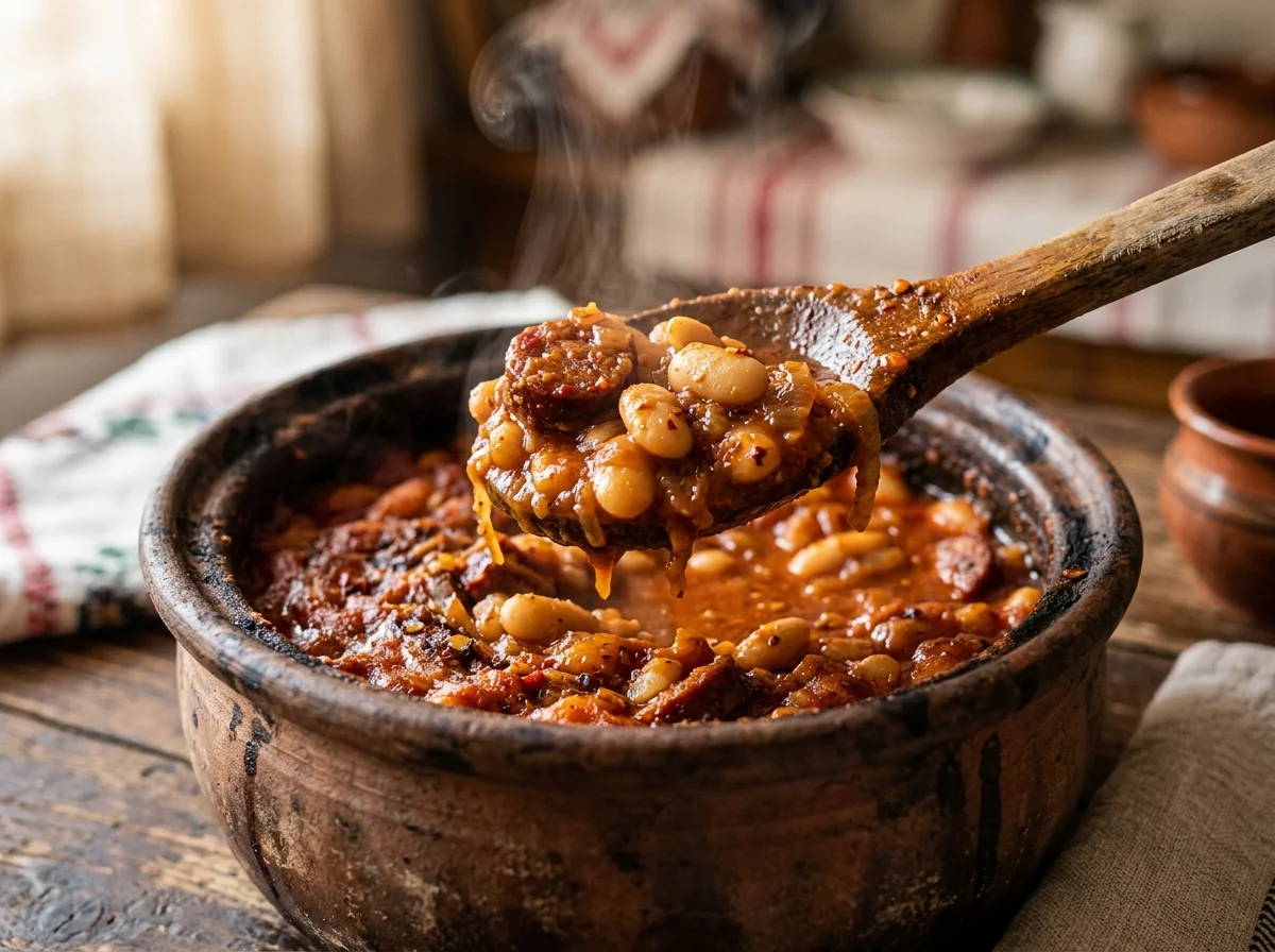 タヴチェグラフチェのクローズアップ。スプーンですくった豆の断面