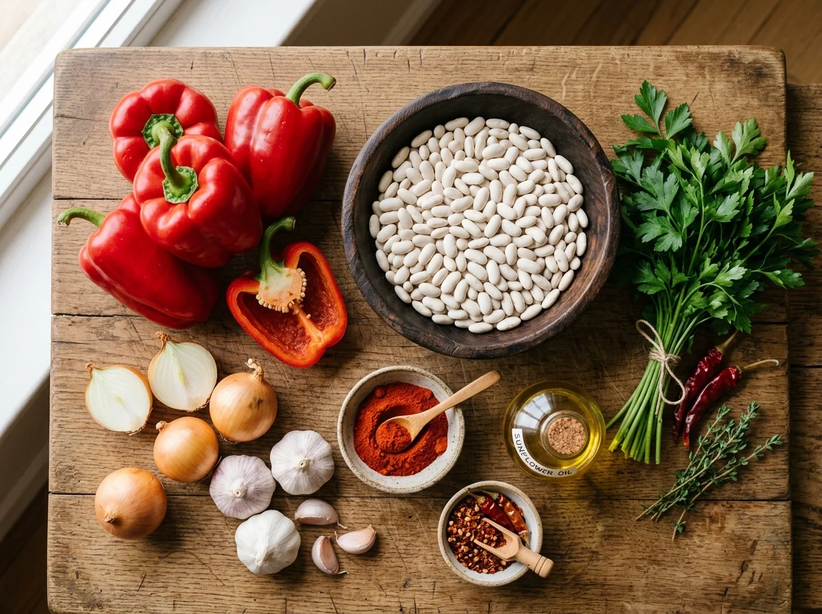 タヴチェグラフチェの材料。白インゲン豆、パプリカ、玉ねぎ、にんにく、油が並ぶ