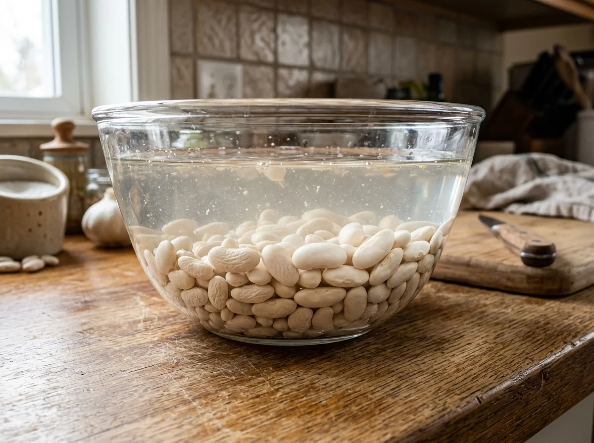 手順1: 白インゲン豆を洗い、たっぷりの水に一晩(8時間以上)浸ける