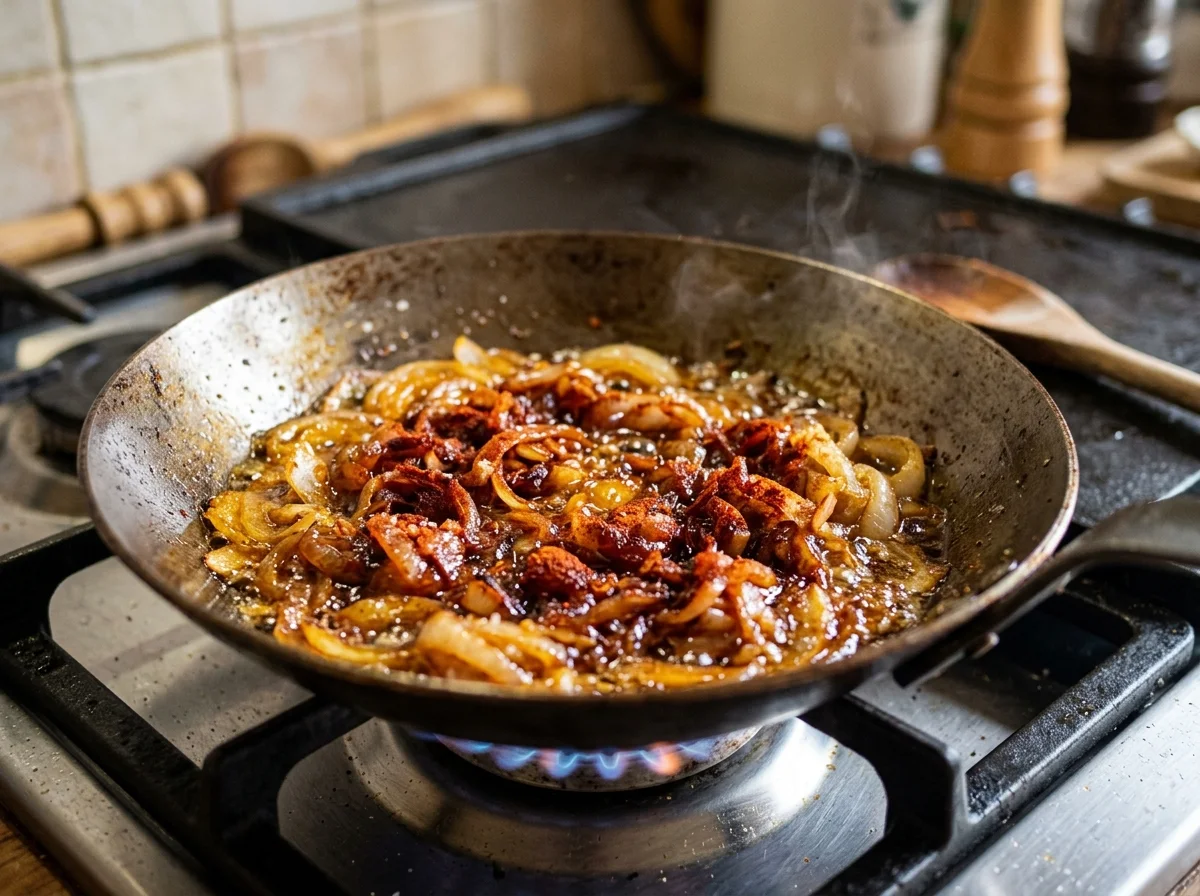 手順3: フライパンにサラダ油を熱し、玉ねぎを中火で10分炒める。飴色になったらにんにくを加えて1分炒める