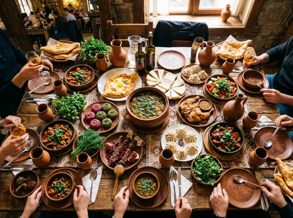 ジョージアのスプラ（宴席）に並ぶ料理の数々