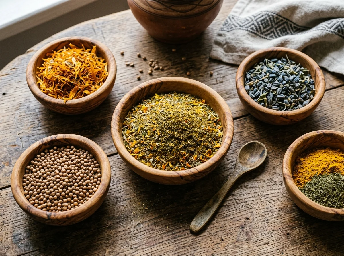 フメリ・スネリとジョージアのスパイス類。色とりどりの粉末が小皿に並ぶ