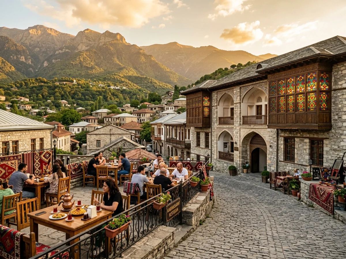 シェキの歴史的な街並みとカフェ