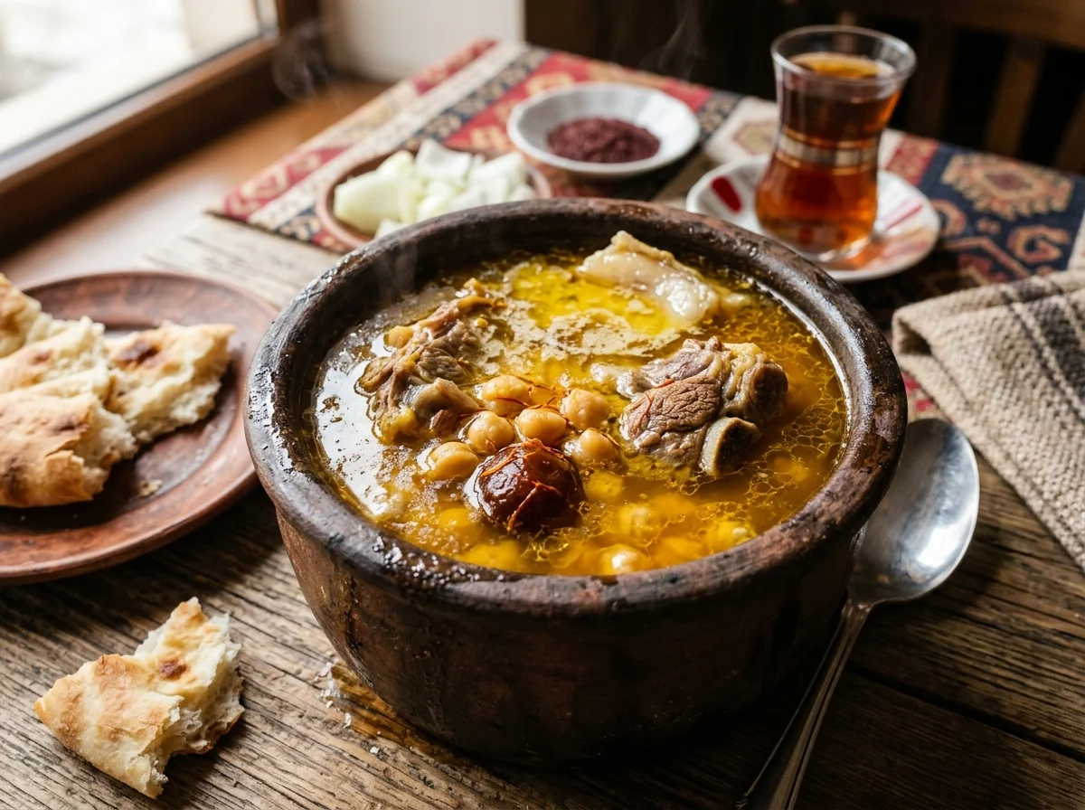 アゼルバイジャンの伝統料理ピティ。羊肉とひよこ豆のサフランスープが土鍋の中で黄金色に輝いている