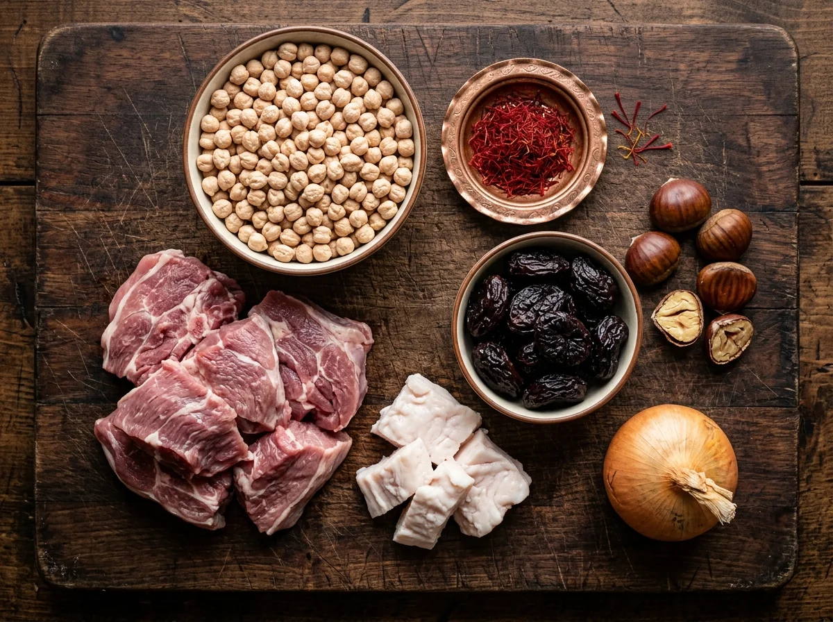 ピティの主要食材。ラム肩肉、ひよこ豆、サフラン、ドライプルーン、栗が並ぶ