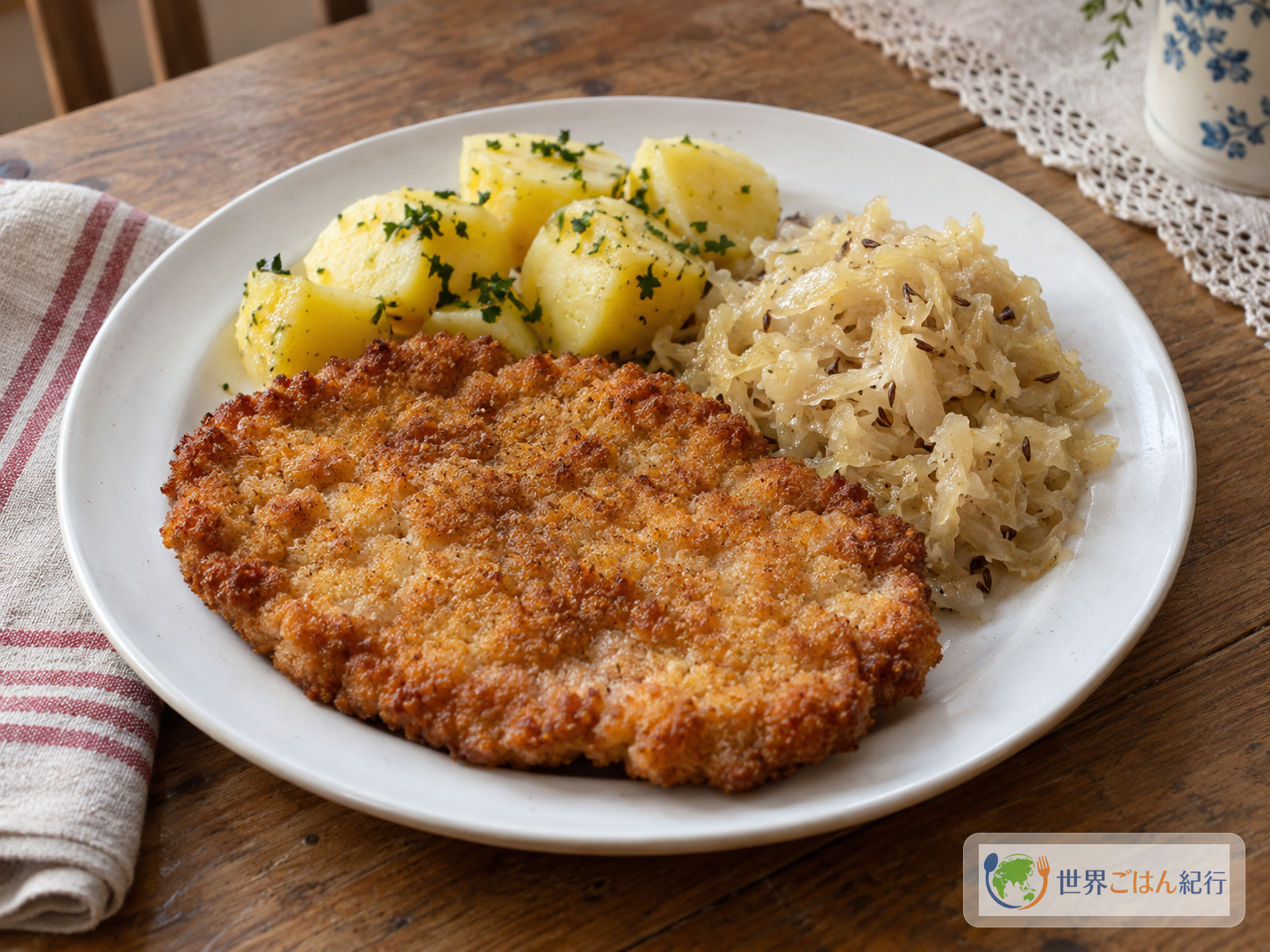 ポーランドのコトレット・スハボヴィ。薄い豚肉の衣付きカツレツにじゃがいもと酸味のあるキャベツを添えた食卓