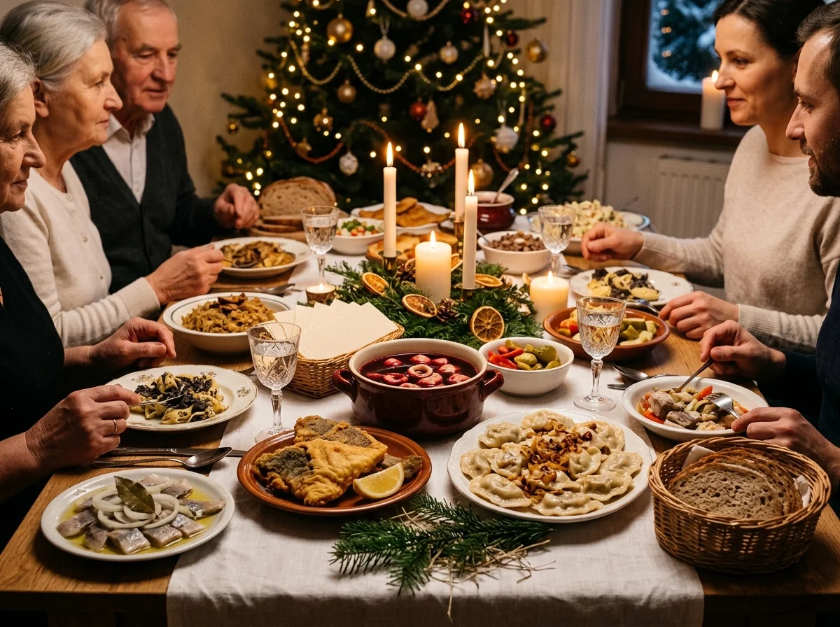 ポーランドのクリスマスイブの食卓に並ぶピエロギとその他の伝統料理