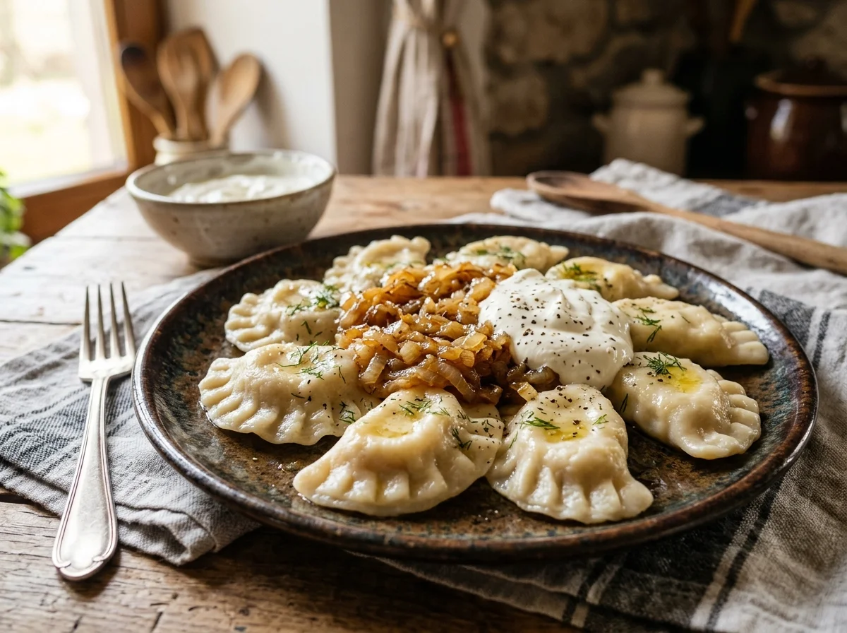 皿に盛られた茹でたてのピエロギにサワークリームと炒めタマネギが添えられた完成写真