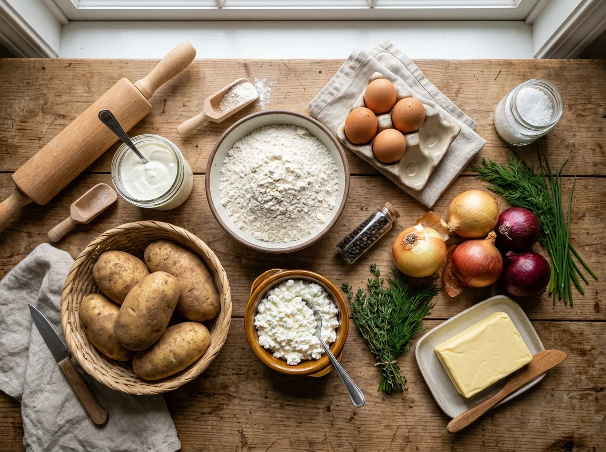 ピエロギの材料を並べた様子。薄力粉、じゃがいも、カッテージチーズ、サワークリーム