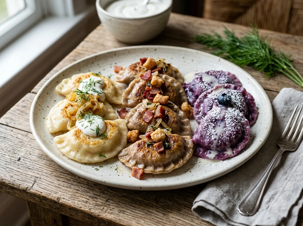 3種類のフィリング（ポテトチーズ、肉、ブルーベリー）のピエロギを並べた様子