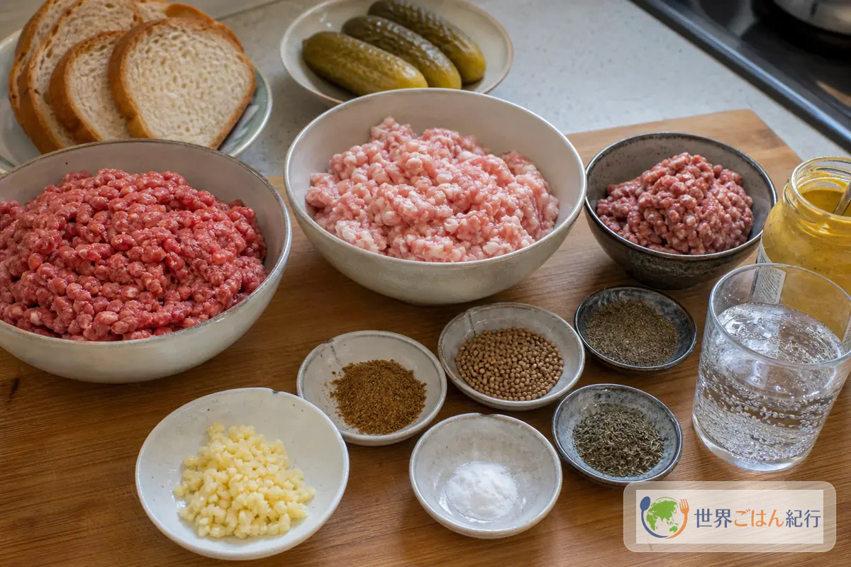 ミティティに使う合いびき肉、スパイス、にんにく、重曹、炭酸水を並べた材料