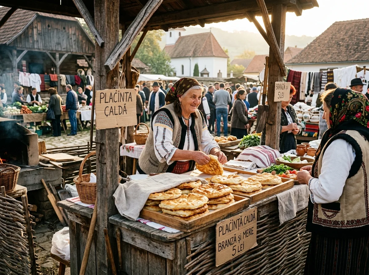 ルーマニアの市場でプラチンタを売る屋台