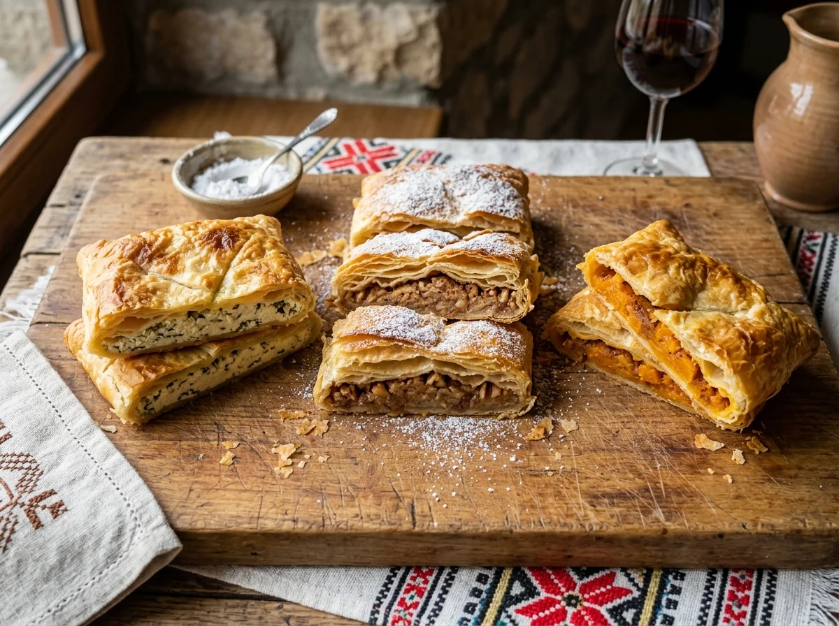 チーズ、りんご、かぼちゃの3種のプラチンタが並ぶ