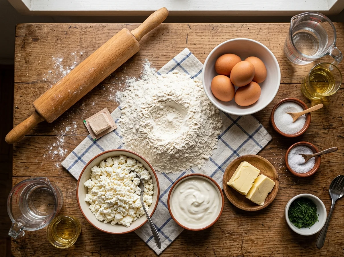 プラチンタの材料。薄力粉、カッテージチーズ、卵、サワークリーム、ディルが並ぶ