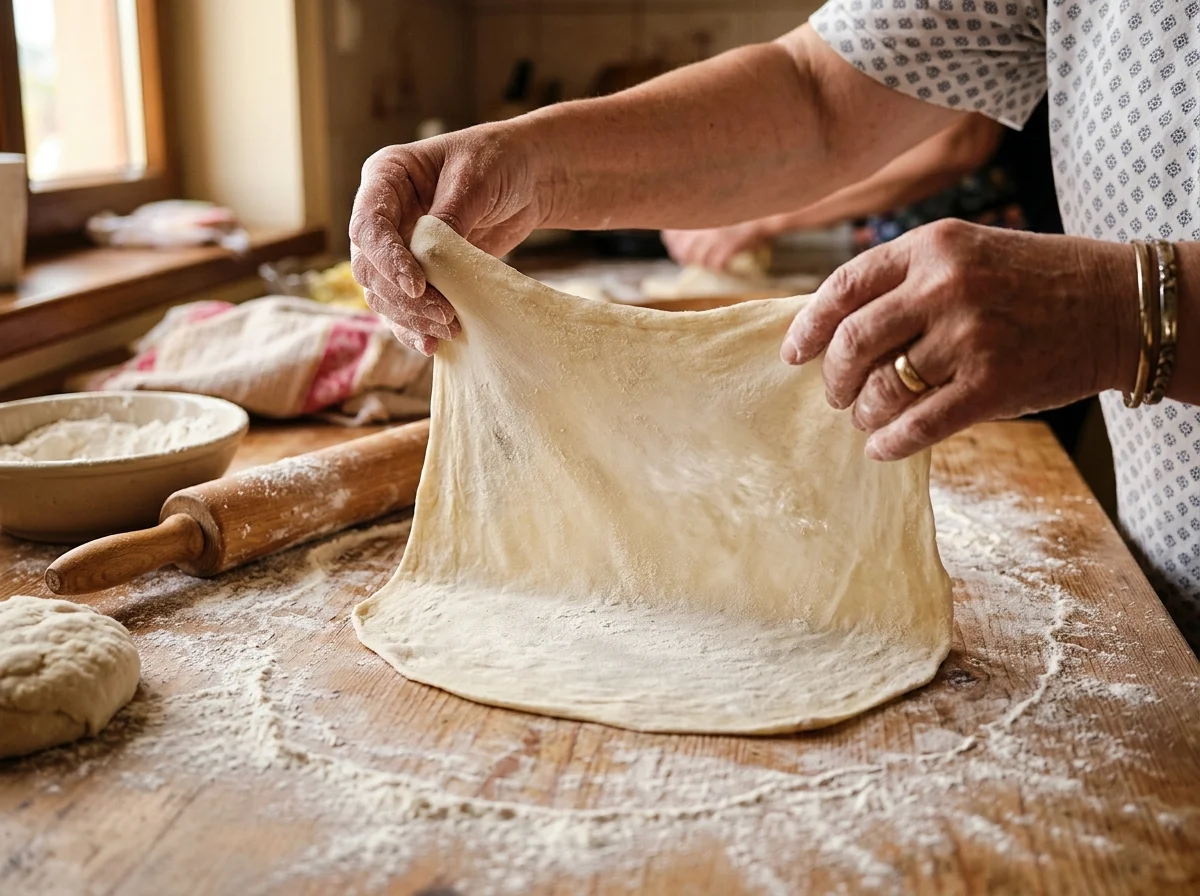 手順1: ボウルに薄力粉・塩を入れ、ぬるま湯とサラダ油を加えてこねる。なめらかになったらラップで包み、20分休ませる