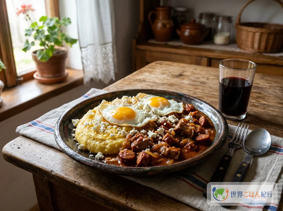 큰 접시에 마말리가, 토키투라, 달걀 프라이, 치즈를 담은 루마니아 가정 식탁