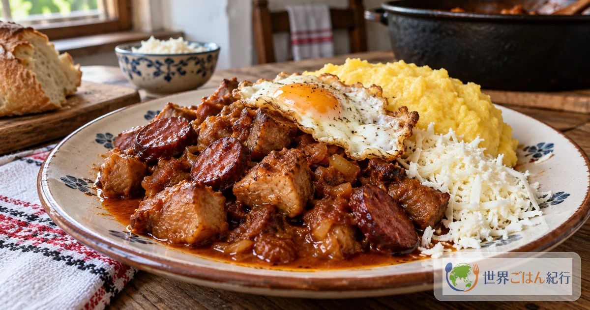 돼지고기와 소시지 조림 토키투라에 마말리가와 달걀 프라이, 간 치즈를 곁들인 접시