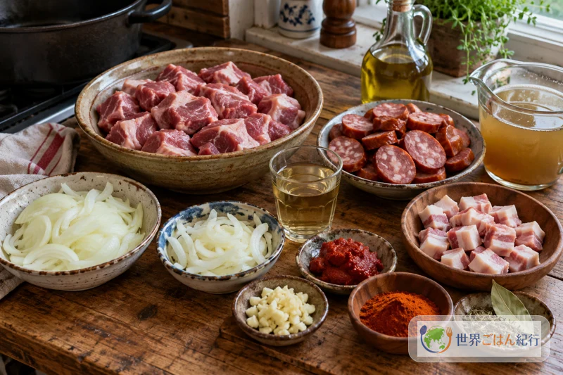 토키투라에 쓰는 돼지 어깨 등심, 훈제 소시지, 베이컨, 양파, 마늘, 화이트 와인, 파프리카, 월계수 잎