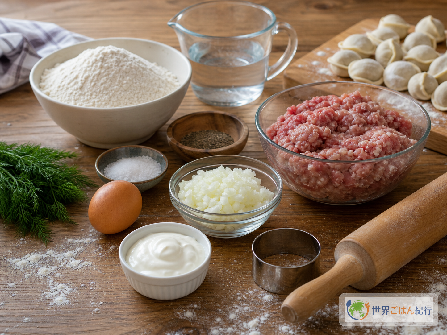 ペリメニに使う粉、卵、合いびき肉、玉ねぎ、ディル、サワークリーム、めん棒を並べた材料写真