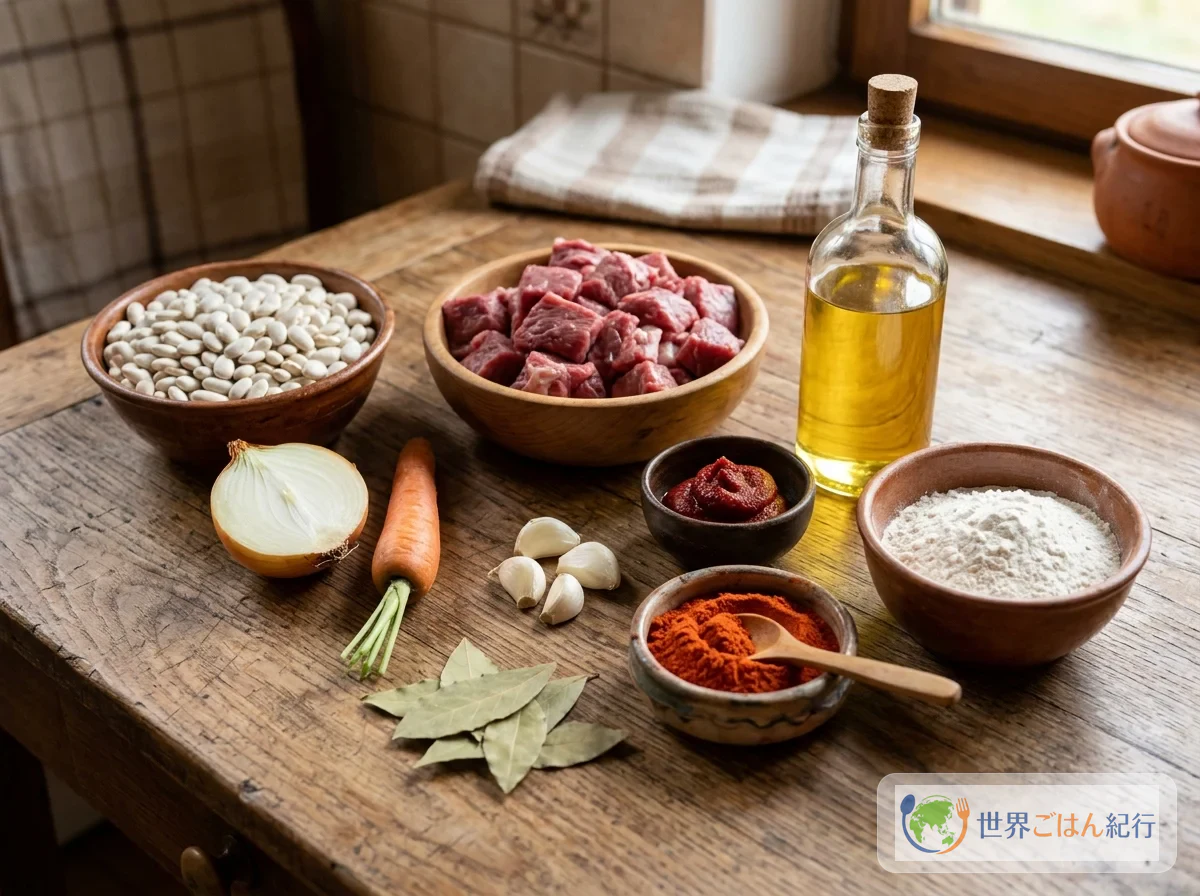 पासुल के लिए सफ़ेद बीन्स, बीफ़, प्याज़, गाजर, लहसुन, टमाटर पेस्ट, पपरीका और तेज़पत्ता