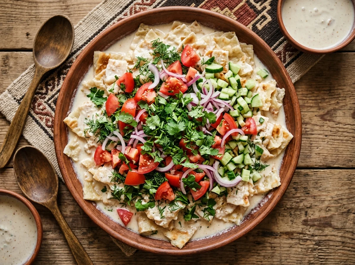 タジキスタンの国民食クルトブ。フラットブレッドにヨーグルトソースと新鮮な野菜が盛られている