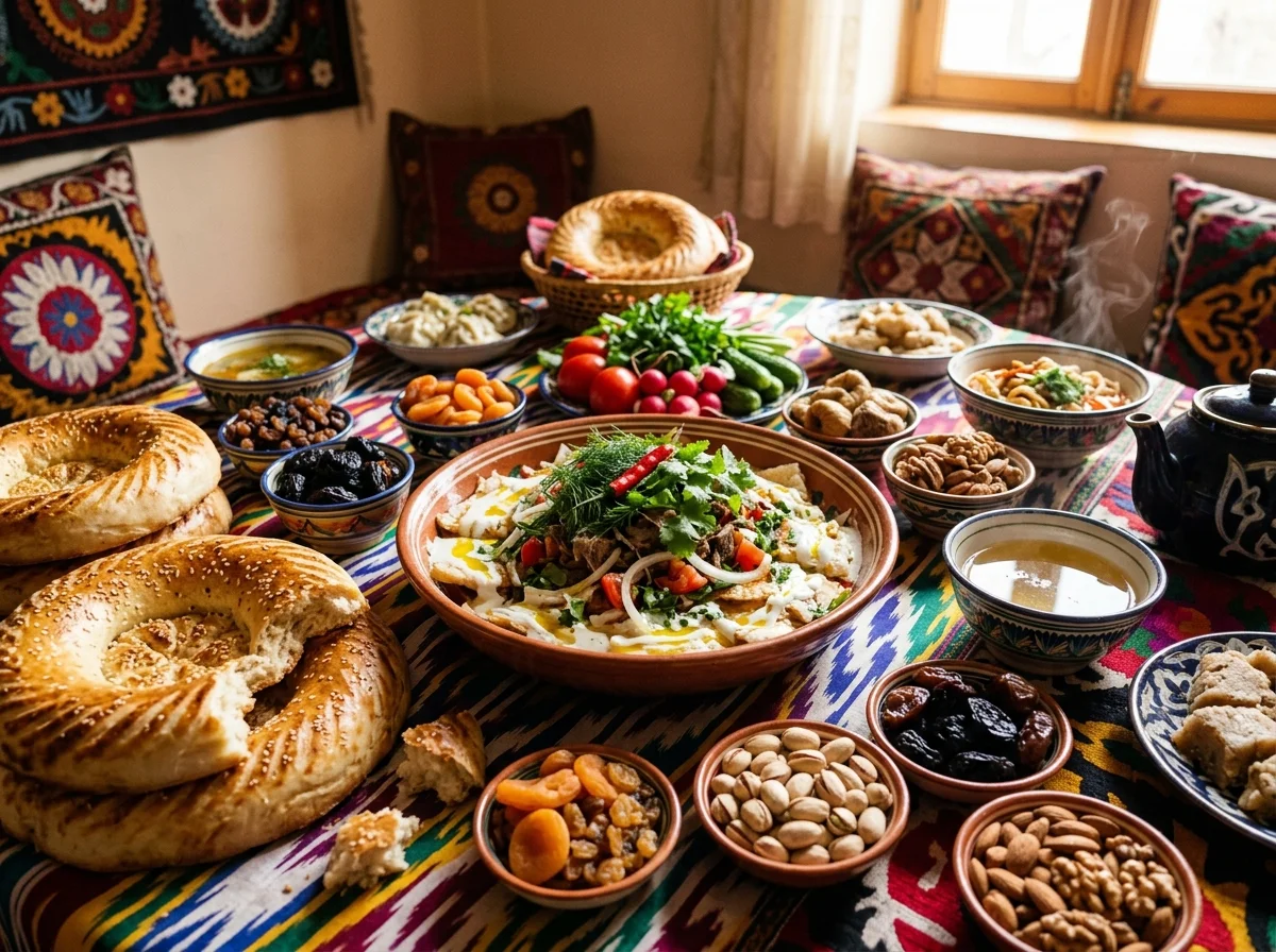 タジキスタンのダスタルハン（食卓布）。クルトブを中心に様々な料理、パン、ドライフルーツが並ぶ