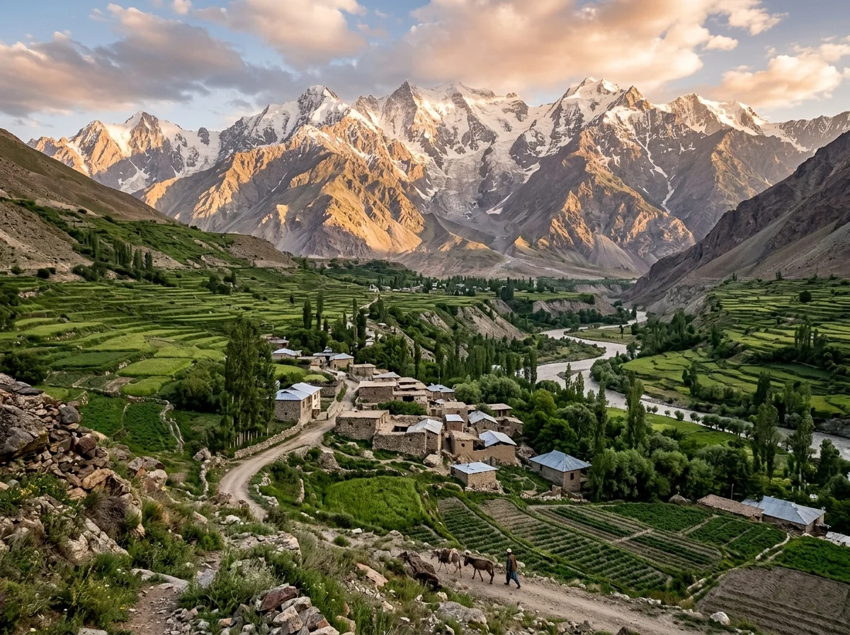 パミール高原の山岳風景。雪を頂いた山々と緑の谷間にある小さな村