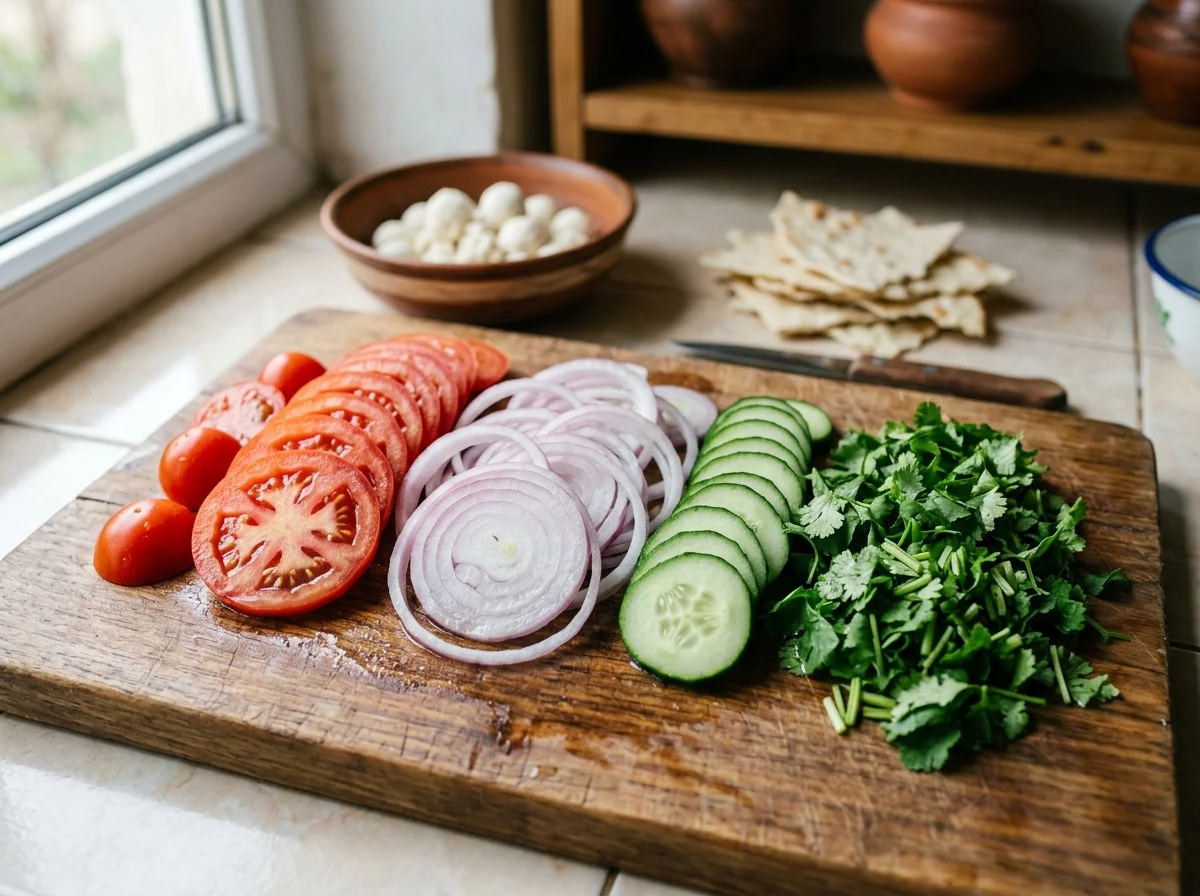 クルトブの材料。トマト、玉ねぎ、きゅうり、パクチーがカッティングボードに並ぶ
