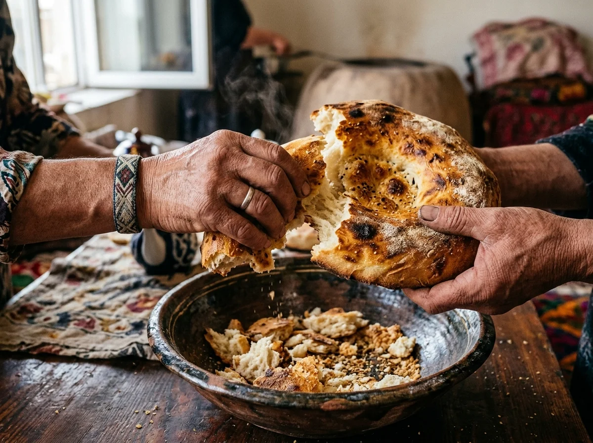 手順6: 焼きたて（または常温）のノンを手で大きめにちぎり、大皿の底に敷き詰める