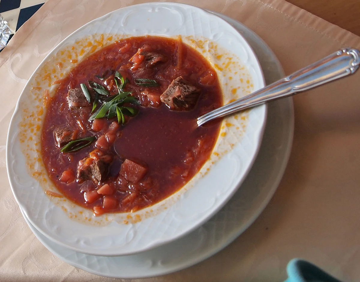 茶色に変色してしまったボルシチと正しい赤色のボルシチの比較