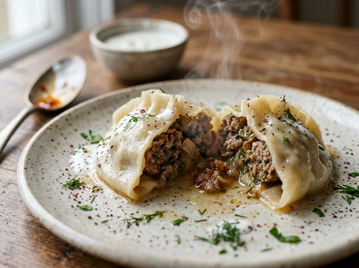 蒸し上がったマンティのアップ。半透明の生地から肉汁が透けて見える