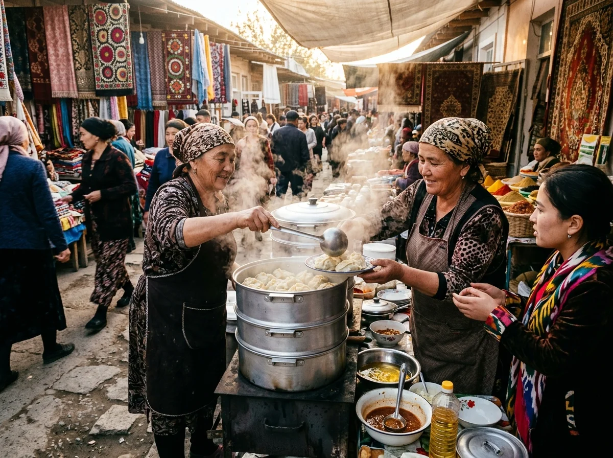 ウズベキスタンのバザールで蒸し器から立ち上る湯気の中、マンティを作る職人