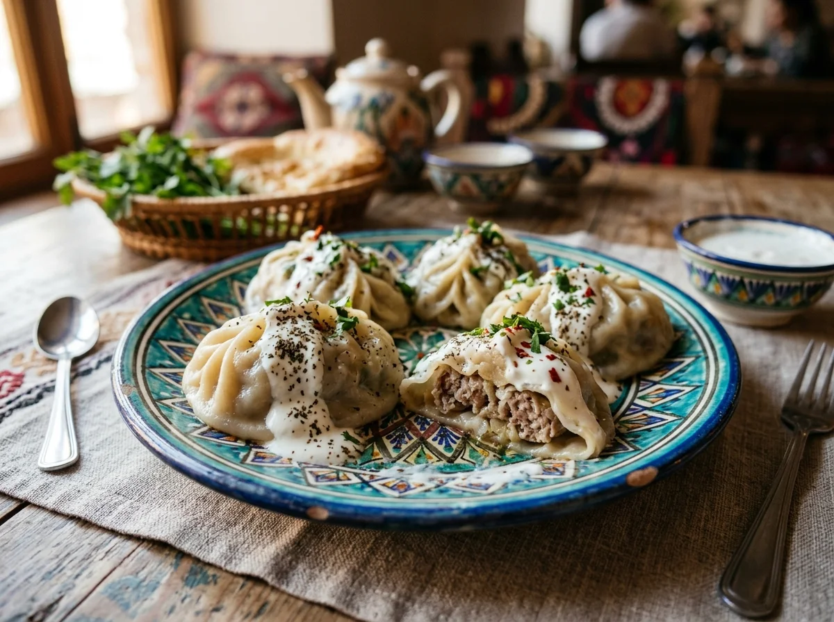 蒸し器の中に並んだ大ぶりのマンティにヨーグルトソースがかかった完成写真