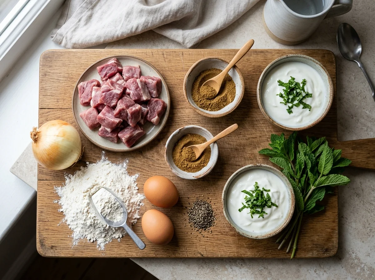 マンティの材料を並べた様子。羊肉、タマネギ、クミン、ヨーグルト、強力粉