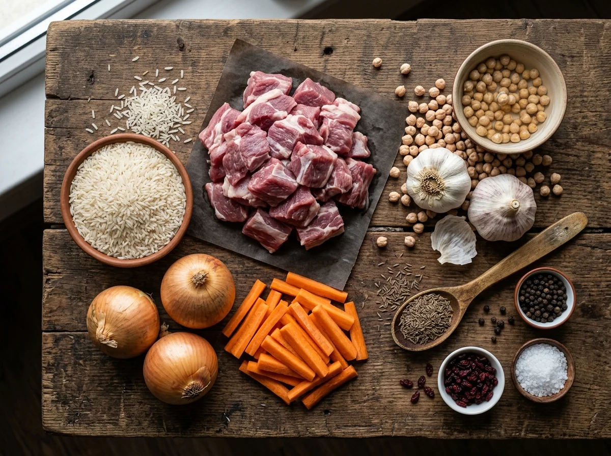 プロフの材料。長粒米、ラム肉、にんじん、玉ねぎ、にんにく、クミンが並ぶ