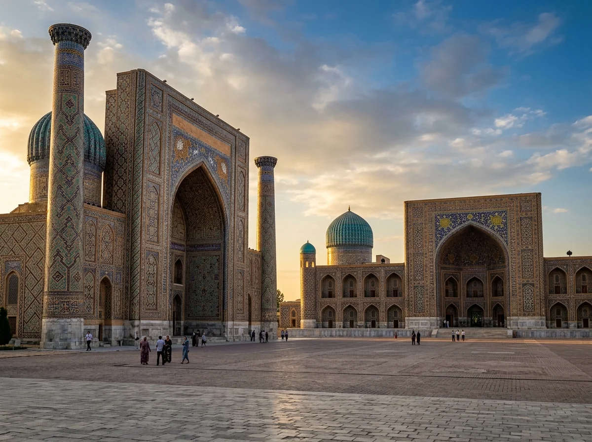 サマルカンドのレギスタン広場。壮麗な青いタイル装飾のイスラム建築