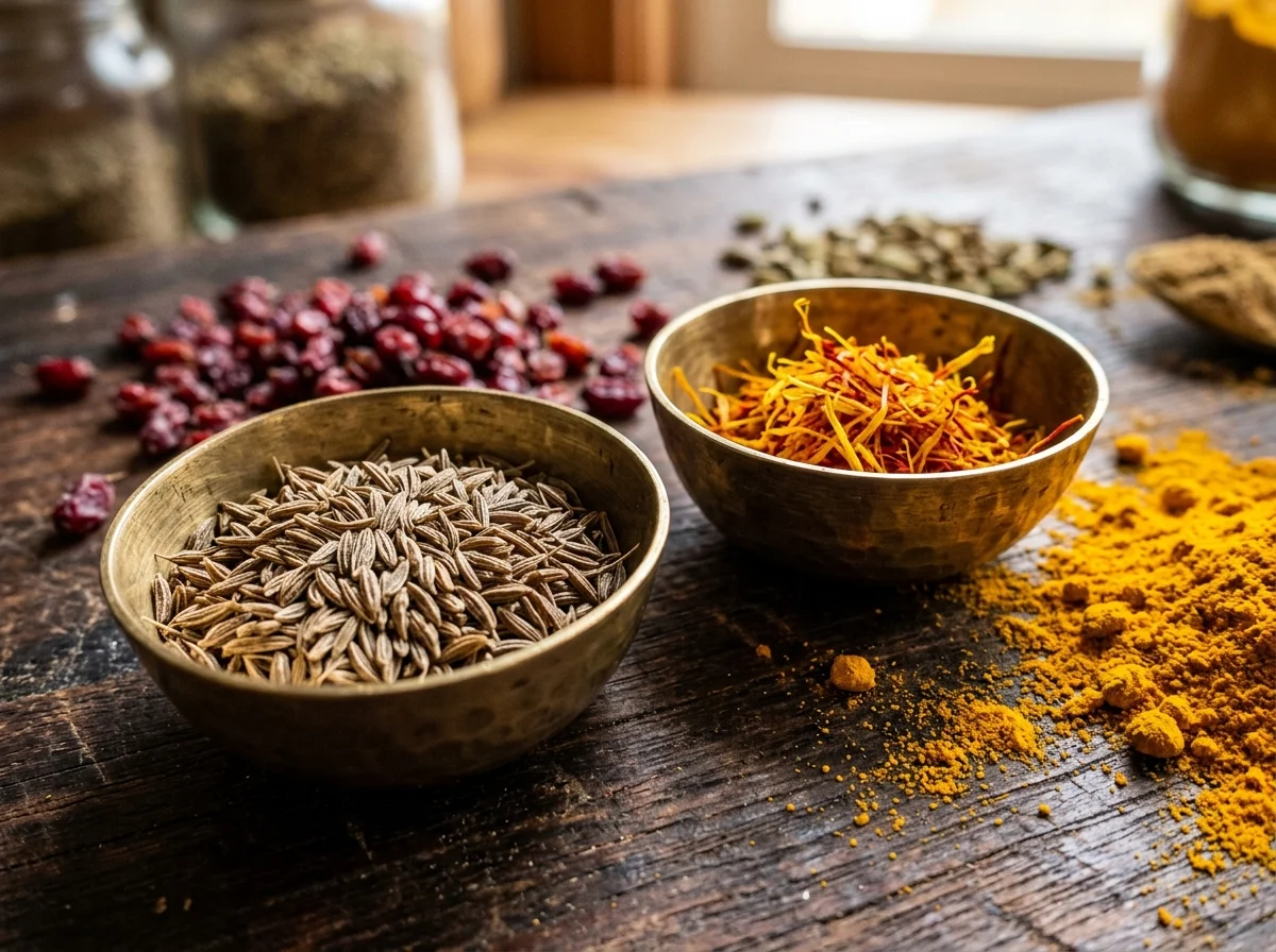 クミンシード、サフラン、バーベリーなどプロフのスパイス類が真鍮の小皿に並ぶ