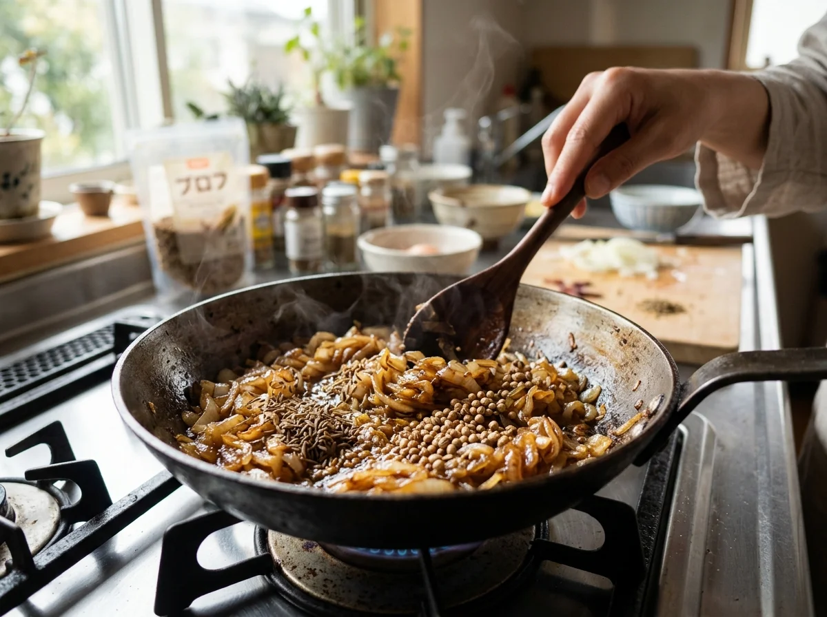 手順3: 同じ鍋で玉ねぎを飴色になるまで10〜12分炒める。クミンシード・コリアンダーシードを加えて香りを出す