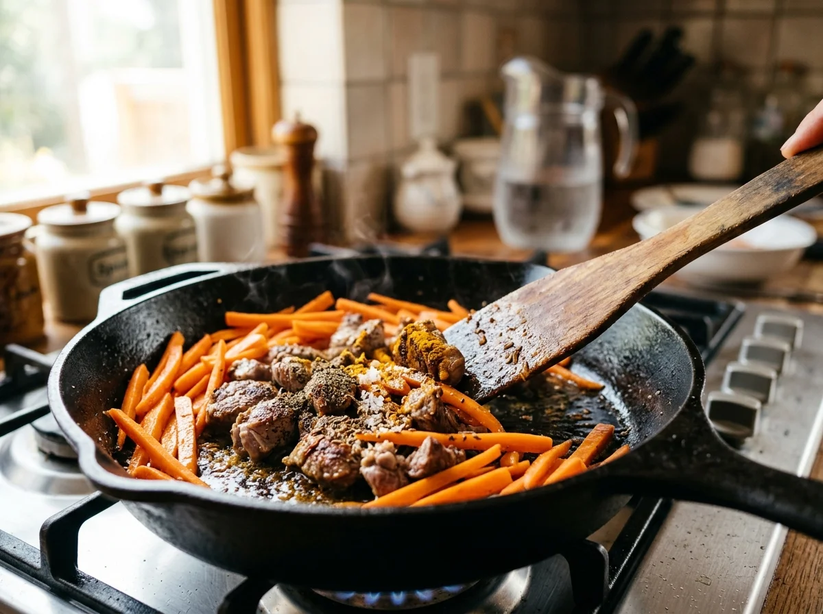 手順4: 肉を鍋に戻し、にんじんを加えて3分炒める。塩・黒こしょう・ターメリックを加え、ひたひたの水を注いで中火で30分煮込む