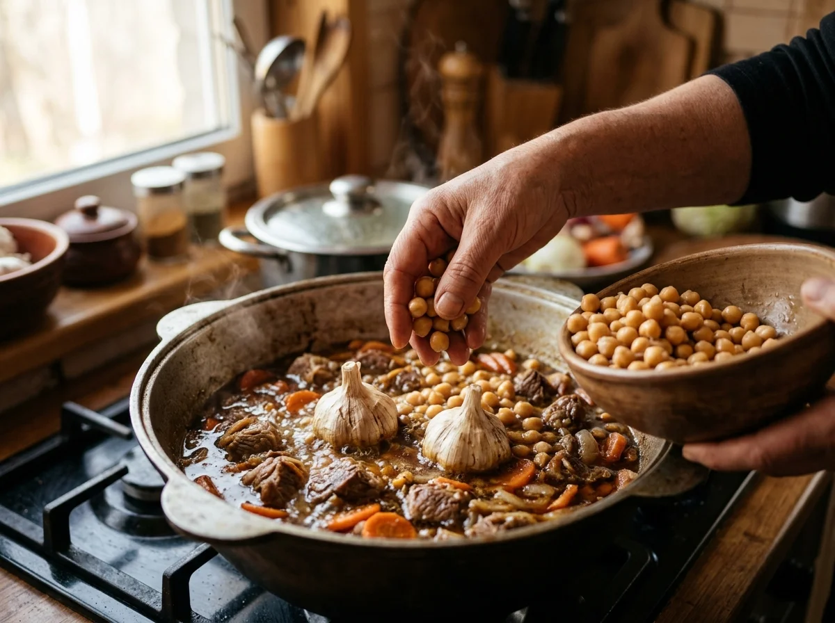 手順5: ひよこ豆(使う場合)を加え、にんにく2玉を皮付きのまま沈める