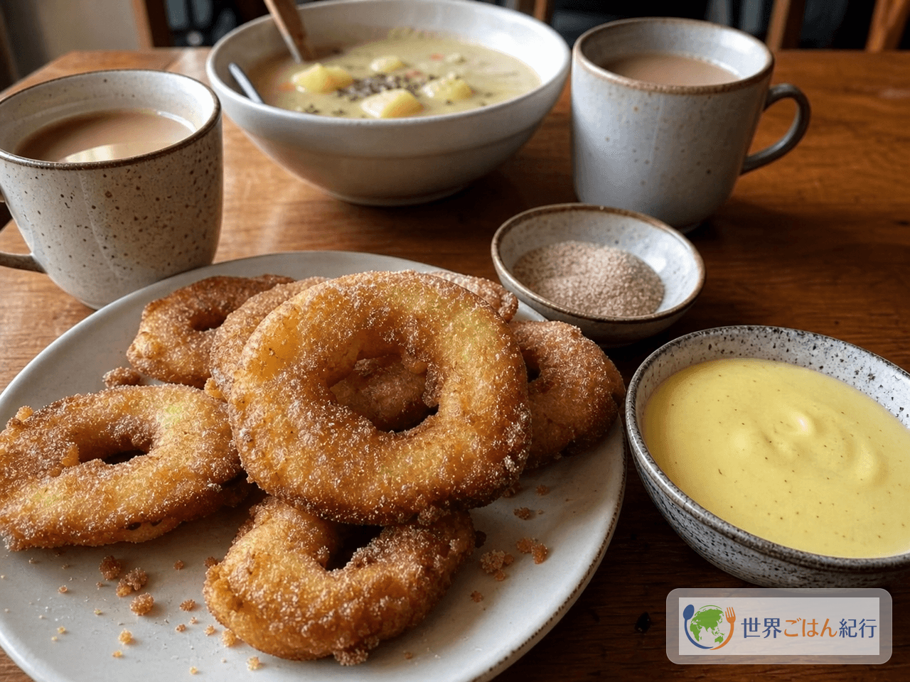 アプフェルキューヒレ、バニラソース、コーヒー、スープを食卓に並べた温かい食べ方