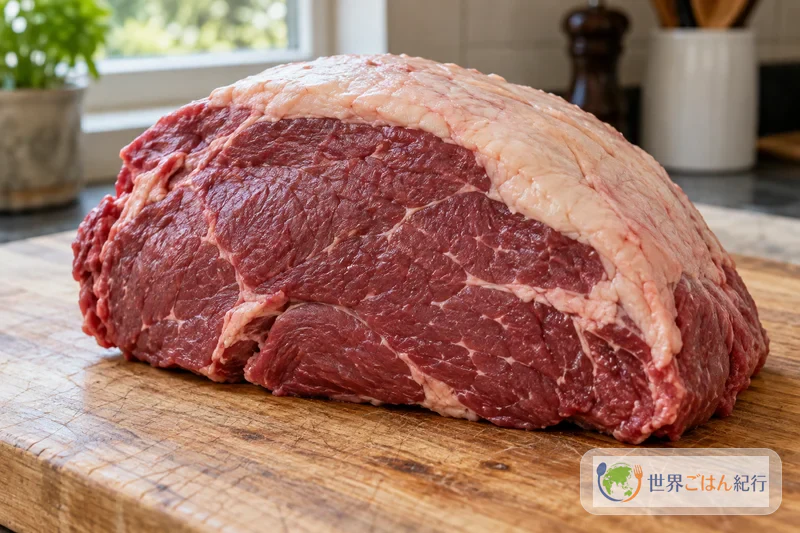牛のかたまり肉の上側についた脂の層を見せた様子