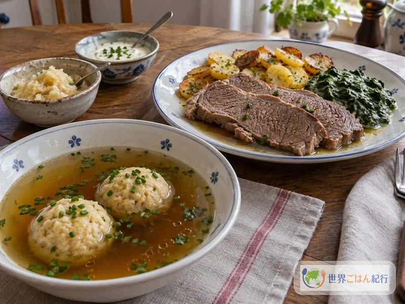 小さな団子を浮かべた牛肉のスープと、薄切りの牛肉、ローストポテト、ほうれん草のクリーム煮を並べたウィーンの食卓