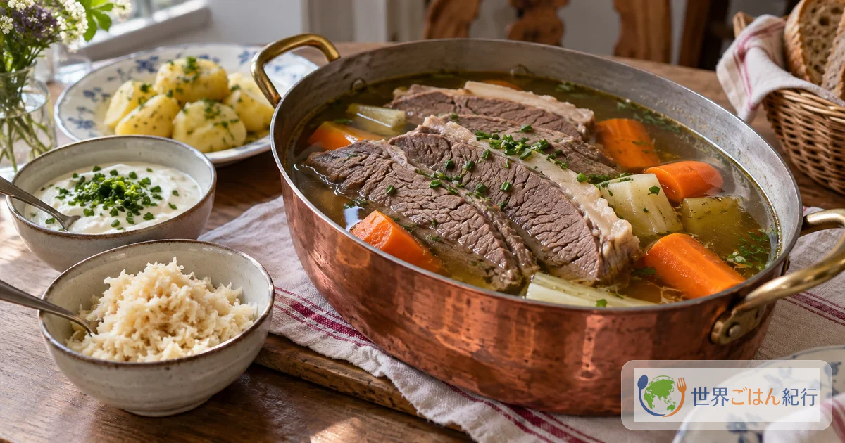銅鍋のスープに浮かぶ薄切りの牛肉ターフェルシュピッツと、アプフェルクレン、チャイブソースを添えた食卓